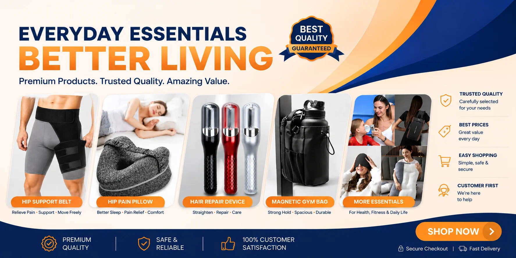 Advertisement for everyday essentials with product images and promotional text on a colorful background.